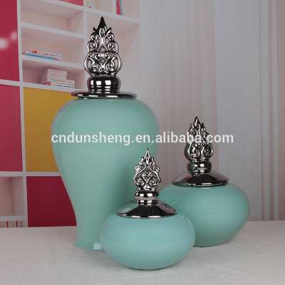 china on line selling /tall green ceramic table decor candy jar with electroplated silver lid