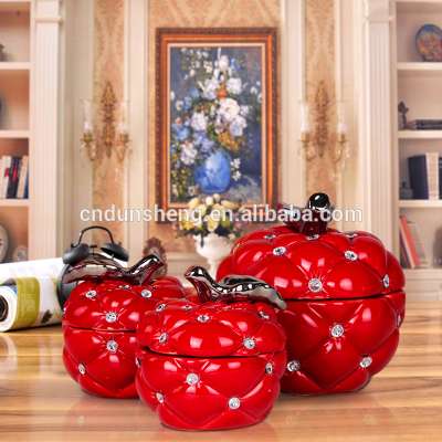 modern ceramic gift /ceramic red apple decoration jar set with diamond for wedding favors